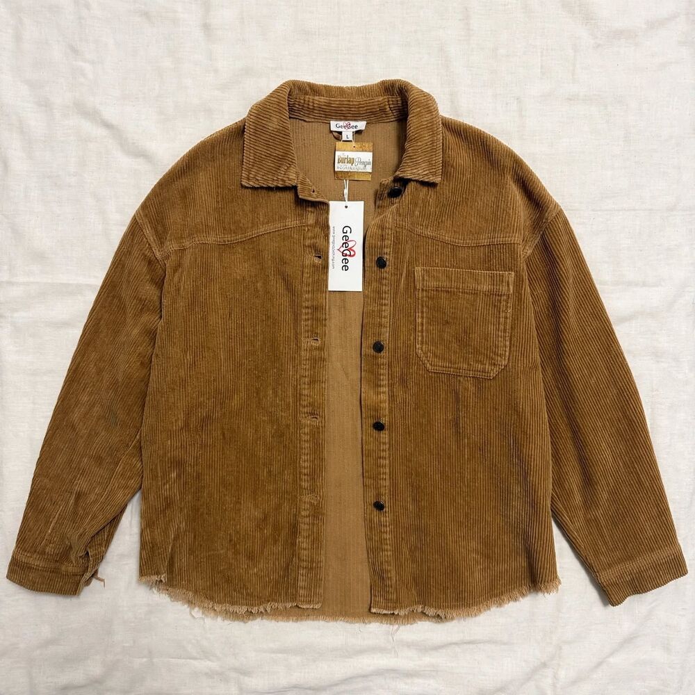 GeeGee Oversized Brown Corduroy Shacket Jacket Raw Hem Size L Burlap Penguin